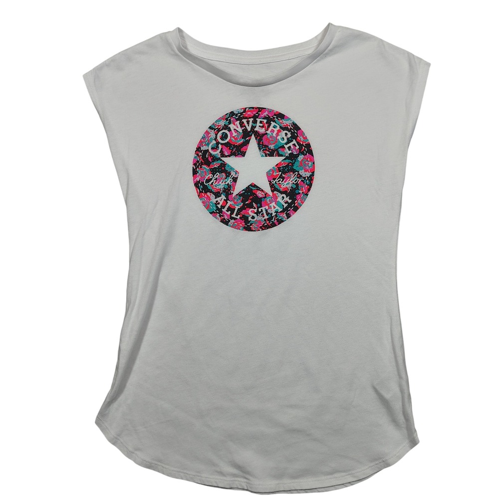 Converse All Star Graphic Top Women XL White Floral Logo Cap Sleeve Cotton Blend